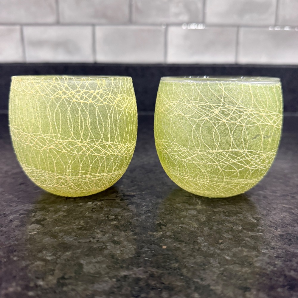 Mid Century Roly Poly Spaghetti String Glass Set of 2 Green 3.25" 10oz **READ**